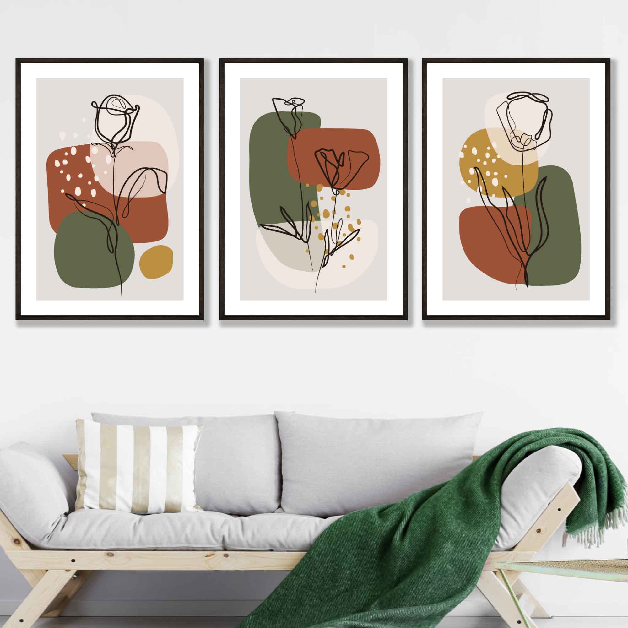 Set of 3 Botanical Boho Style Floral Wall Art Prints in Orange 