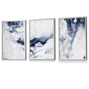 FRAMED Wall Art Set of 3 Abstract Navy Blue & White Art Prints of Ocean ...