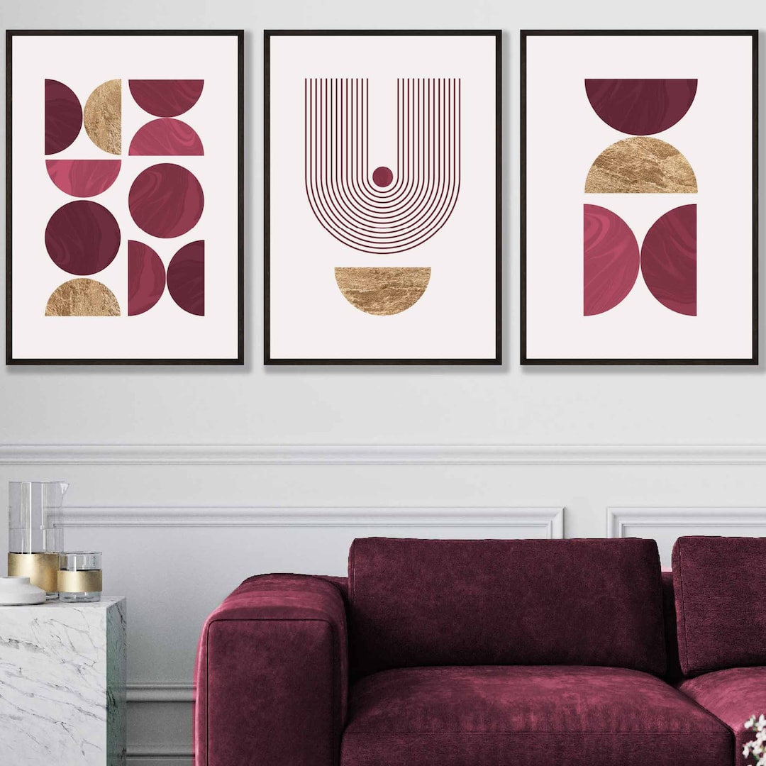 Set of 3 Red & Gold Wall Art Prints Modern Mid Century Etsy UK
