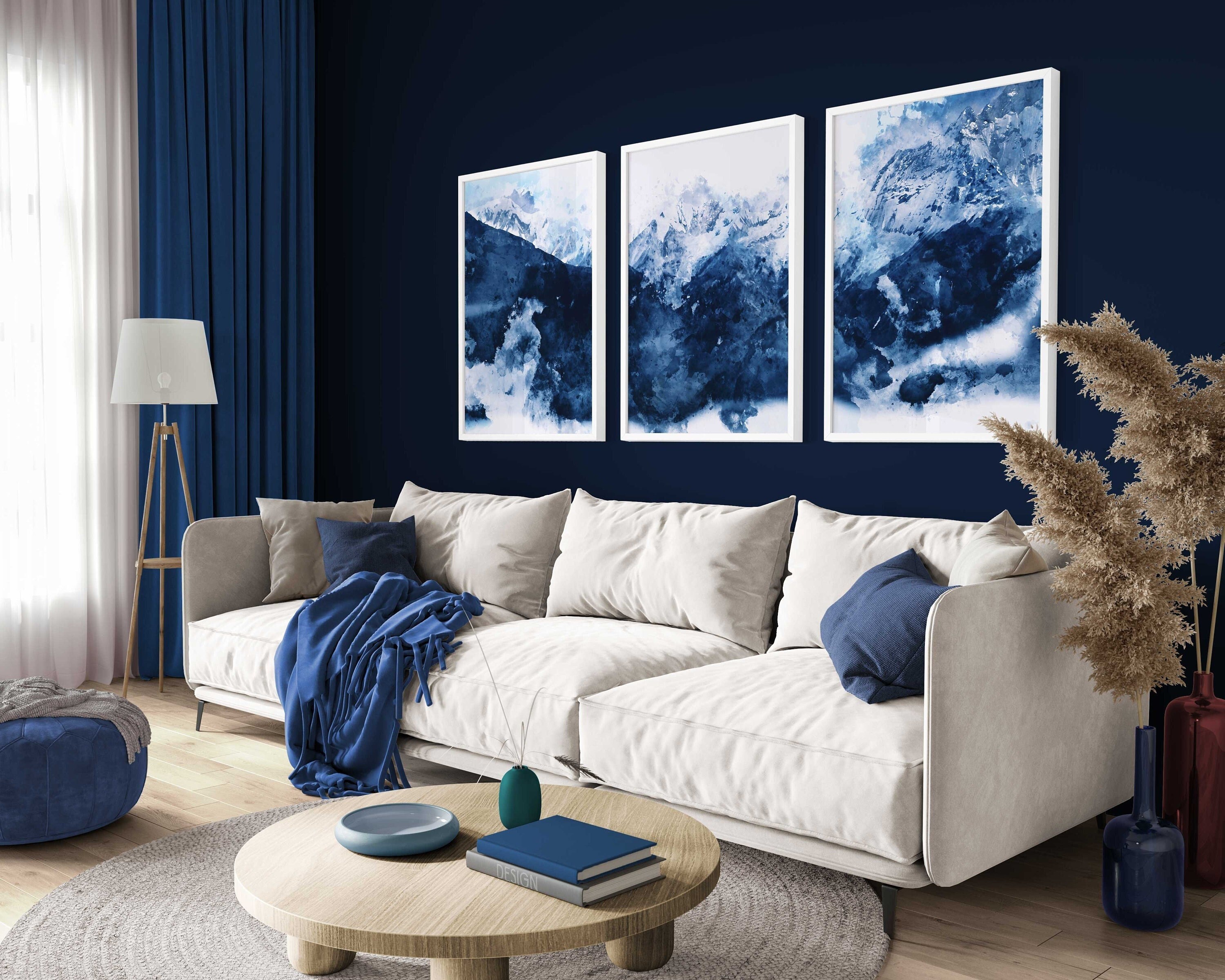 FRAMED Wall Art Set of 3 Abstract Art Prints of Paintings Navy - Etsy UK