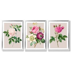 Vintage Rose Print Set | Pink Floral Wall Art, Set of 3 Framed Prints Silver Frames