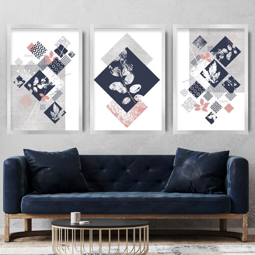 Blue Pink and Silver Wall Abstract Art Print Set of 3 Silver Etsy UK