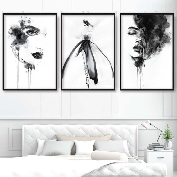 FASHION Set of 3 Black and White Prints From Watercolour 