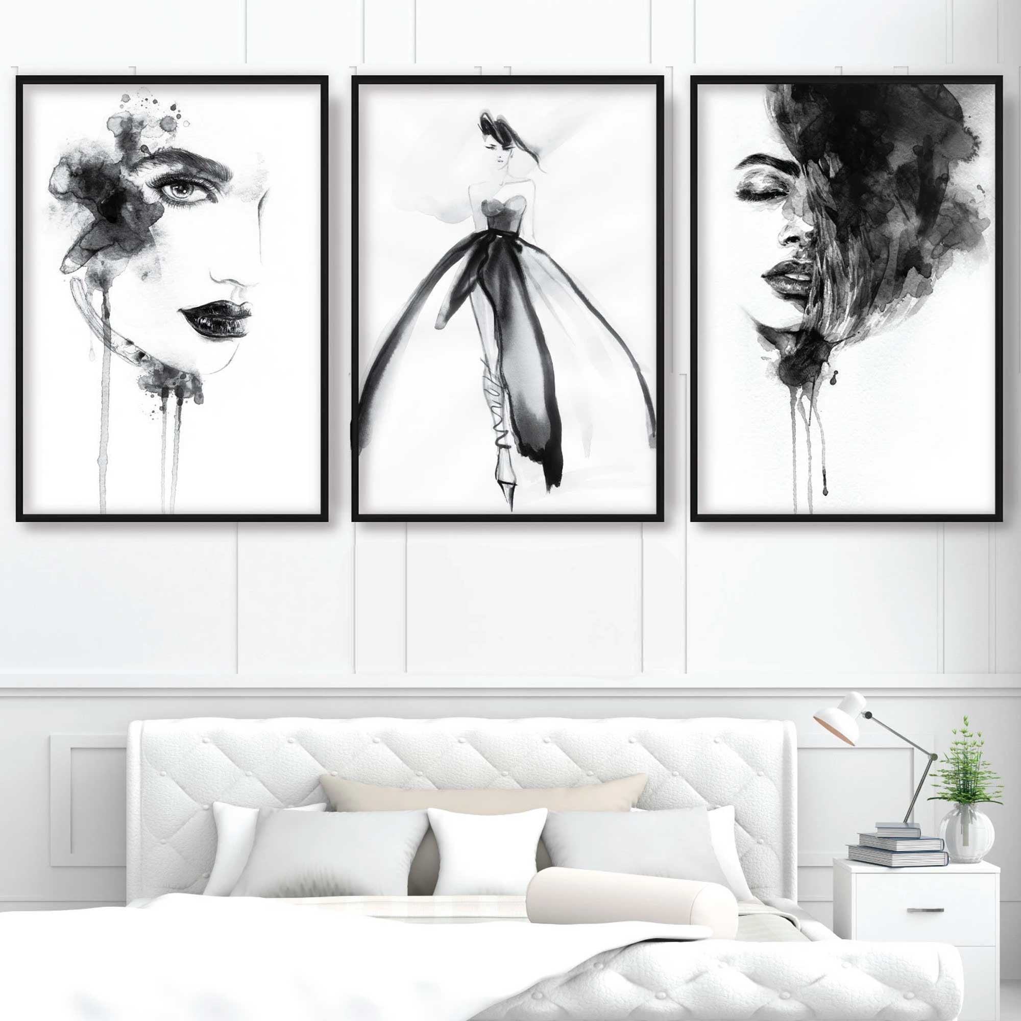 FASHION Set of 3 Black and White Prints from Watercolour | Etsy