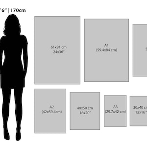 Puede incluir: Imagen que muestra la silueta de una persona junto a una tabla de tallas para obras de arte. La tabla incluye dimensiones en cent&iacute;metros y pulgadas, como 61x91 cm (24x36") y 50x70 cm (20x28"). La altura del modelo es 170 cm | 5'6".