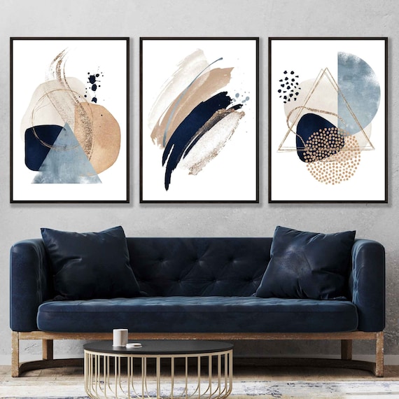 Set of 3 Abstract Geometric Navy Blue & Beige With Gold Wall Etsy