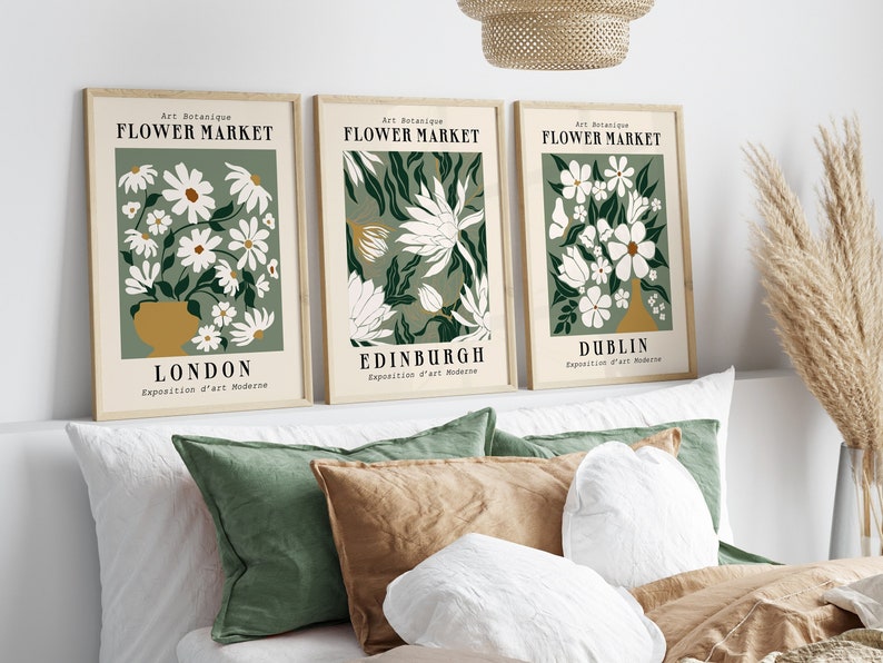 Flower Market Print Set of 3, Green Wall Decor, Vintage Exhibition Art ...