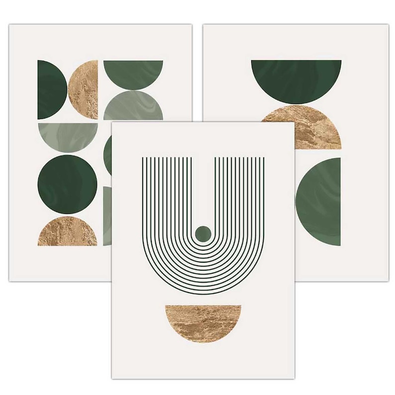 Puede incluir: Tres l&aacute;minas de arte abstracto con formas geom&eacute;tricas en tonos verdes y dorados sobre fondo blanco. Los dise&ntilde;os incluyen c&iacute;rculos, semic&iacute;rculos y l&iacute;neas curvas, creando una est&eacute;tica moderna y minimalista.