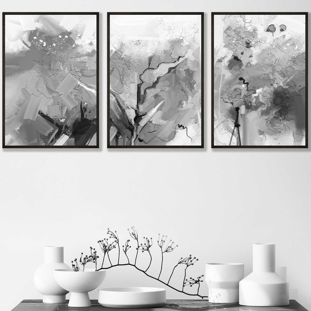 Abstract Black and Grey Art Prints FRAMED Wall Art Set of 3 From