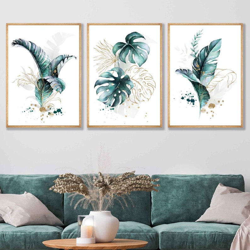 Set of 3 Teal Blue Watercolour Wall Art Prints Teal Blue Etsy