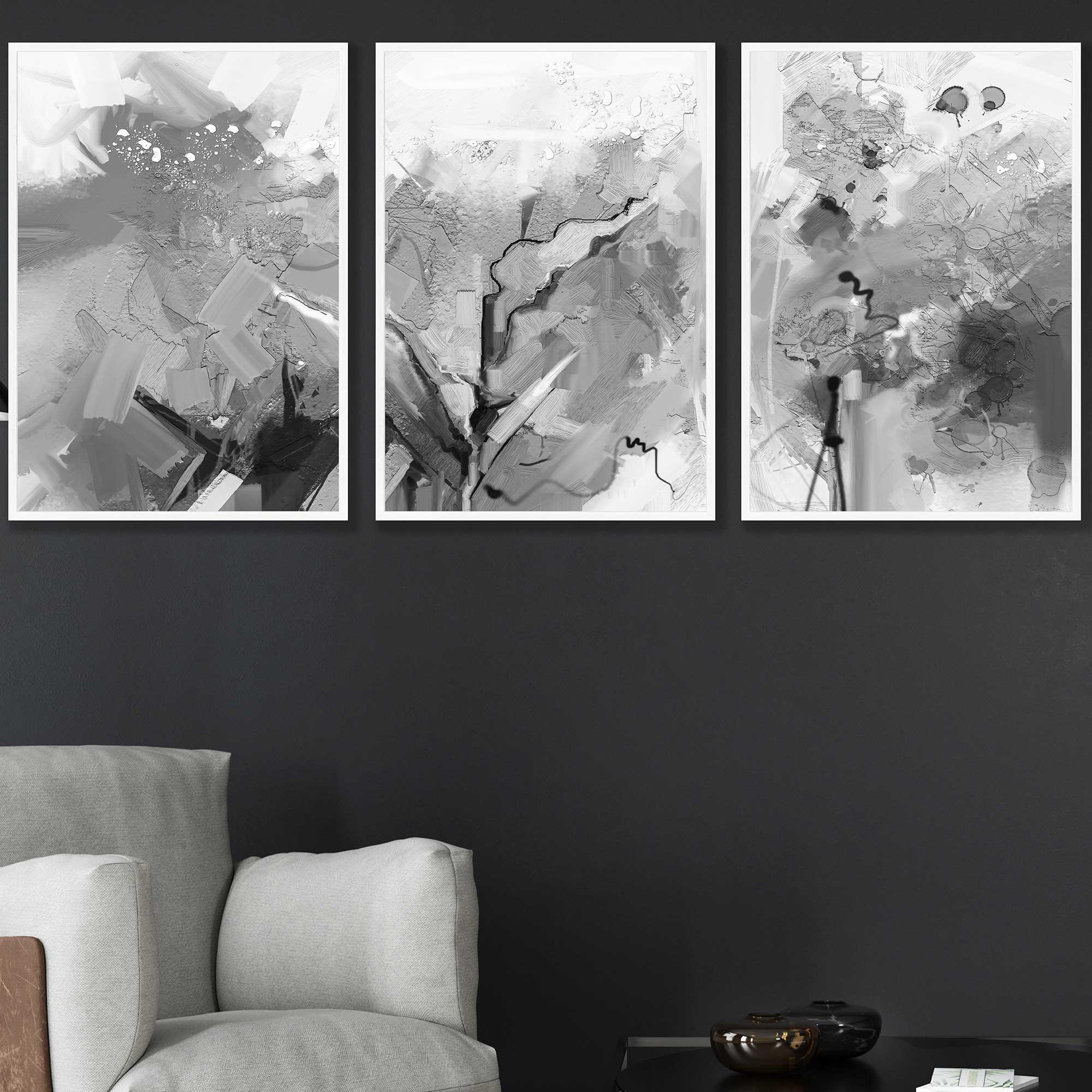 Set of 3 Abstract Black and White Art Prints From Original Watercolour ...