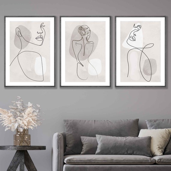 Line Weiblich Wand Beige und 3er Print Set Bilder Art Kunst Kunstwerk Poster Wall Abstrakte Prints Gallery One Line Art Minimalist Grau