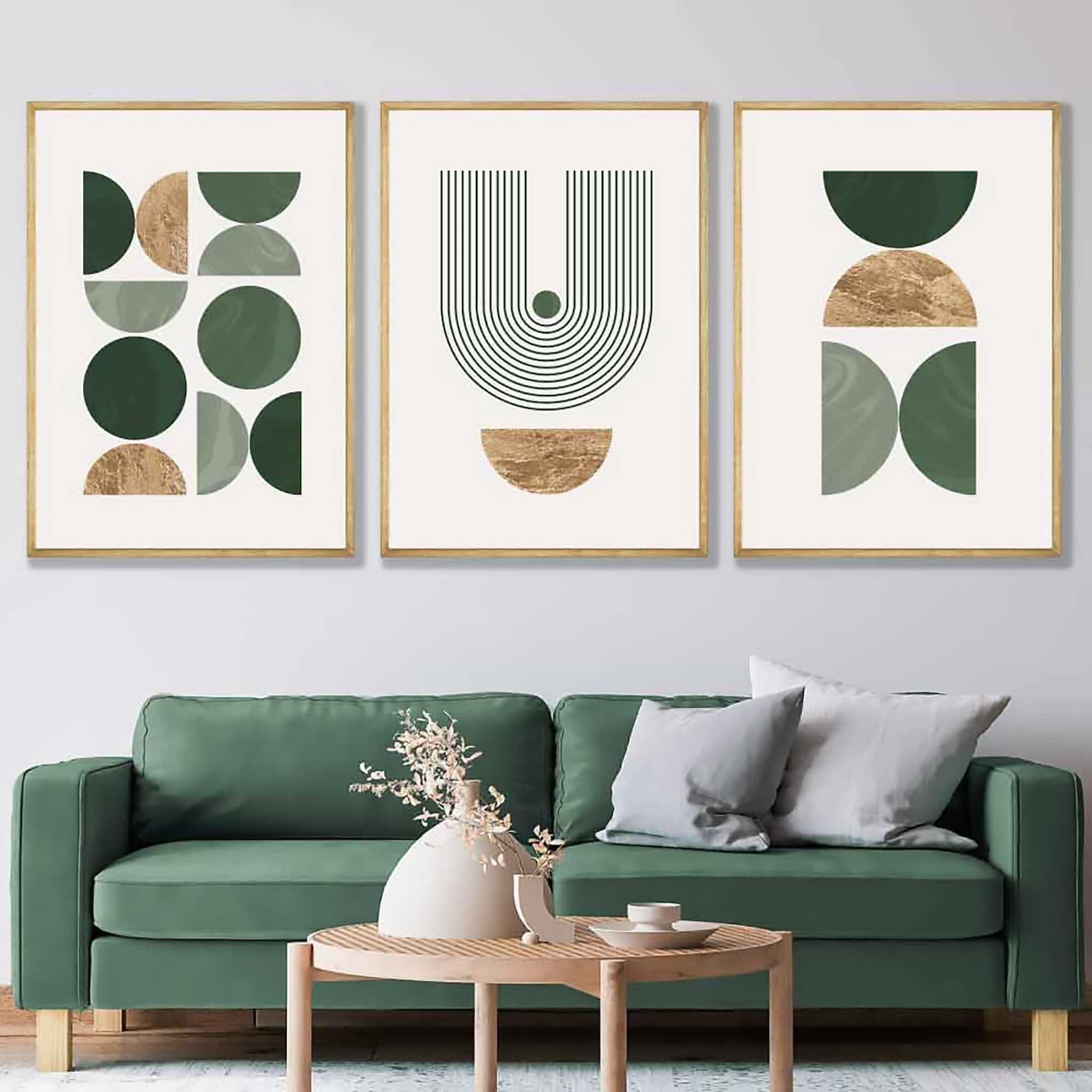 Set of 3 Green & Gold Wall Art Prints Modern Mid Century Etsy