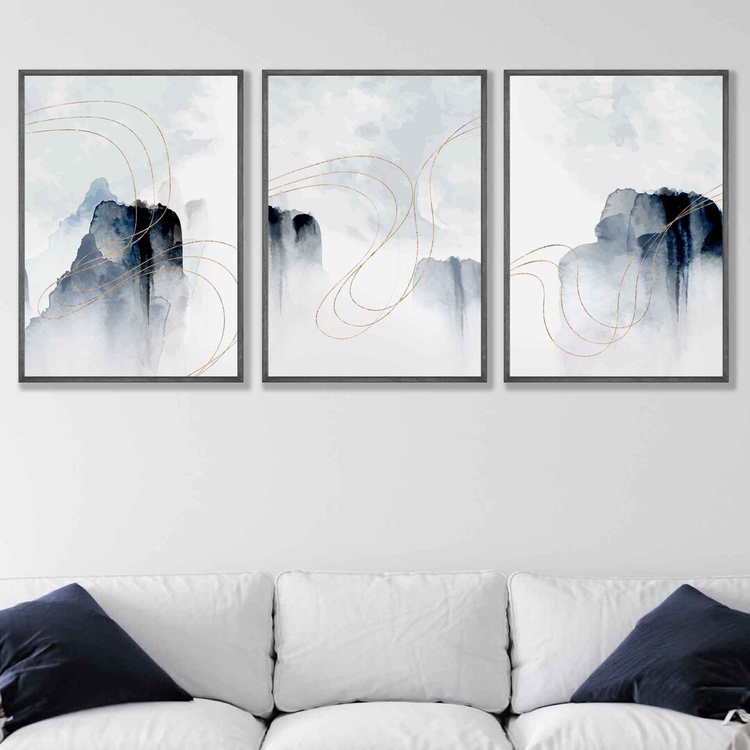 Set of 3 Abstract Navy Blue & Gold Wall Art Prints, Abstract Oriental ...