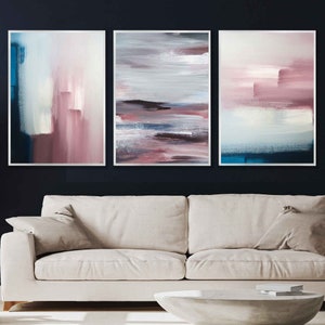 Set of 3 Abstract Art Prints, Navy Blue & Blush Pink Wall Art, Modern ...