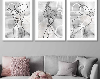 Set of 3 Grey Abstract Female Line Art Prints, Minimalist Gallery Wall Art