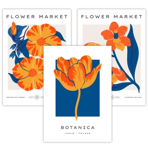 May include: Three printable art prints featuring stylized floral illustrations in orange, yellow, and red with blue accents. The prints are titled "Flower Market" and "Botanica Paris - France".