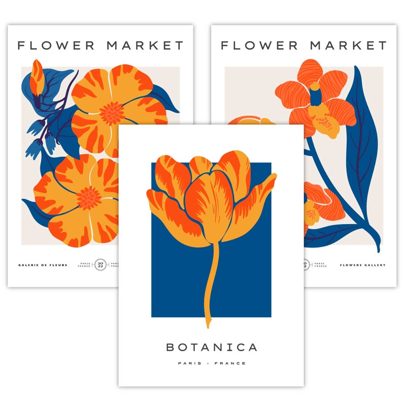 May include: Three printable art prints featuring stylized floral illustrations in orange, yellow, and red with blue accents. The prints are titled "Flower Market" and "Botanica Paris - France".