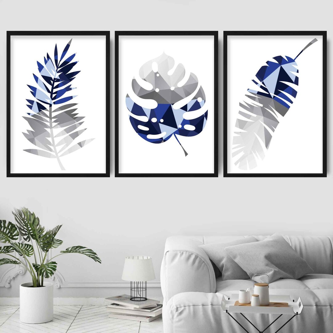 GEOMETRIC Set of 3 NAVY Blue & Grey Art Prints Tropical LEAVES ...