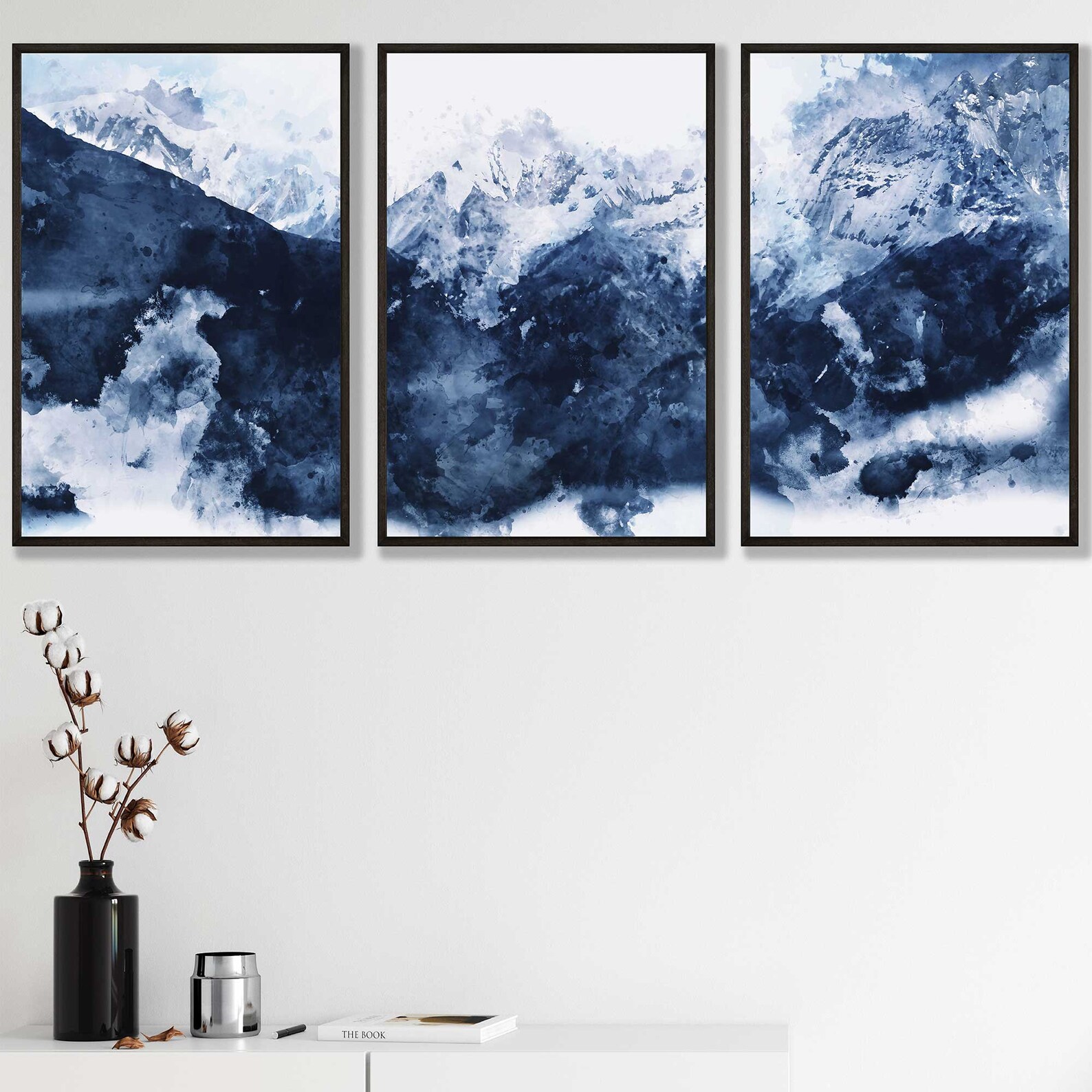 Framed Mountain Prints Set of 3, Navy Blue Abstract Wall Art - Etsy UK