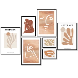 Set of 7 GALLERY WALL Art, 7 Prints, Beige, Terracotta Matisse Picasso Style Cutouts Faces Modern Living Room, Bedroom Decor Wall Art Prints