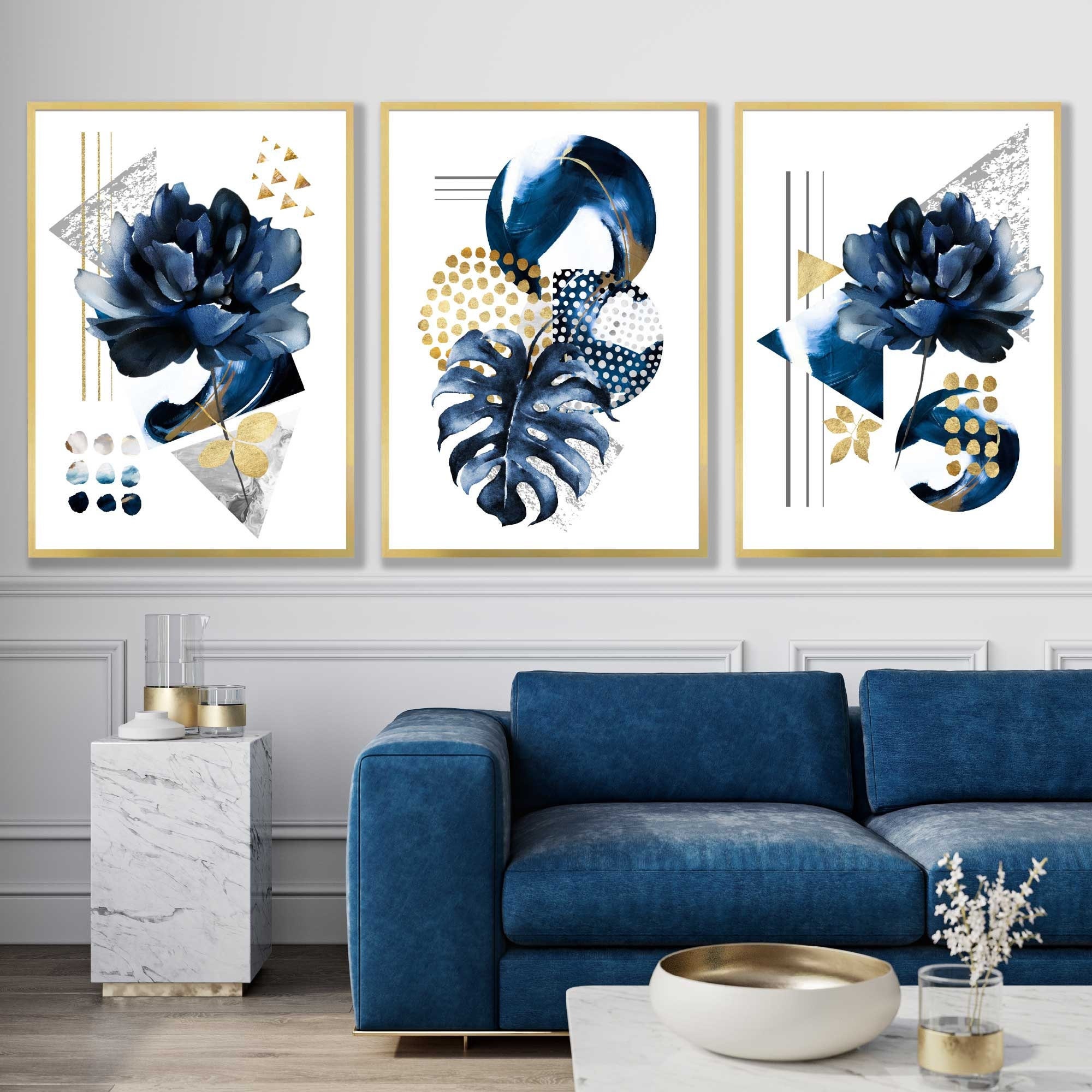 Set of 3 Navy Blue Grey and Gold Abstract Geometric and Botanical Peonies  Leaf Wall Art Print Poster Decor Home Office Pictures Artwork - Etsy