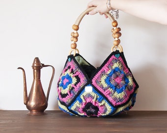 Crochet bag granny square handmade in italy, vintage handbags without zipper, boho hippie retro style, unique gifts for women birthday.