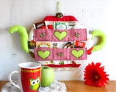 Tea bag organizer teapot shaped hand saw, fabric country house decor, cottage farmhouse decor, decorating ideas for kitchen, mother gifts.