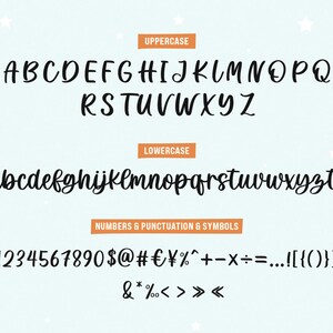 May include: A digital font sample displaying uppercase and lowercase letters, numbers, punctuation, and symbols in a handwritten style. The text is black on a light blue background with orange labels.