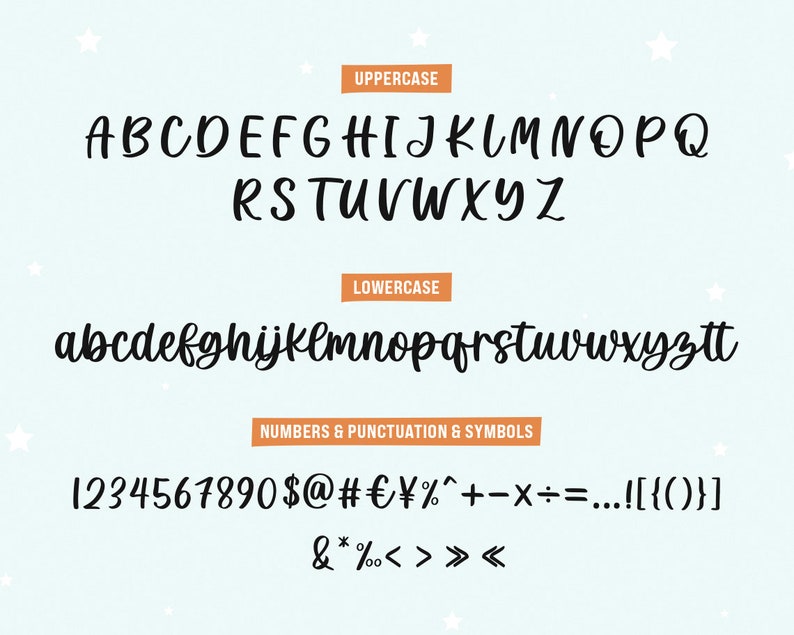 May include: A digital font sample displaying uppercase and lowercase letters, numbers, punctuation, and symbols in a handwritten style. The text is black on a light blue background with orange labels.