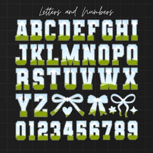 May include: A complete alphabet and number set with a landscape design. The letters and numbers are white with a blue sky and green grass background. The image also includes decorative bows and stars. The words "Letters and Numbers" are written at the top.