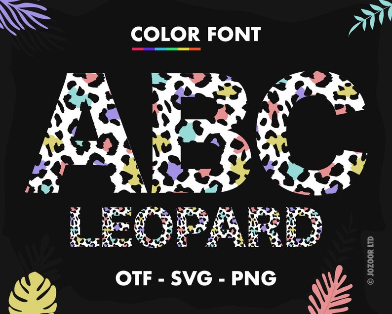 Puede incluir: Dise&ntilde;o de fuente de impresi&oacute;n de leopardo colorido con las letras ABC y la palabra LEOPARD. La fuente est&aacute; disponible en los formatos OTF, SVG y PNG.