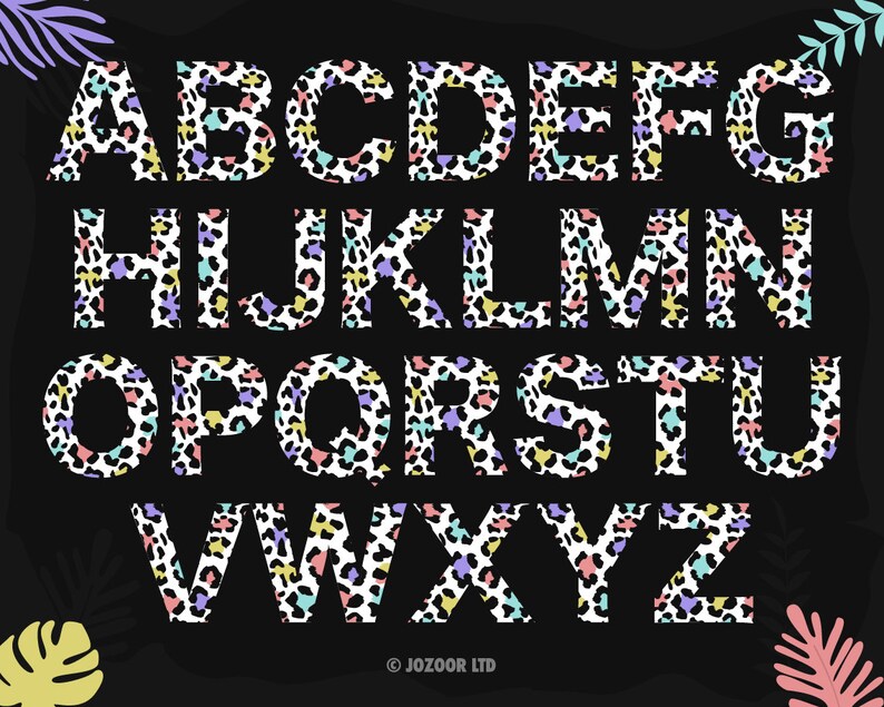 Puede incluir: Un alfabeto colorido con cada letra en un patr&oacute;n de estampado de leopardo blanco y negro. Las letras est&aacute;n en un arco&iacute;ris de colores, incluyendo rosa, amarillo, azul y verde.