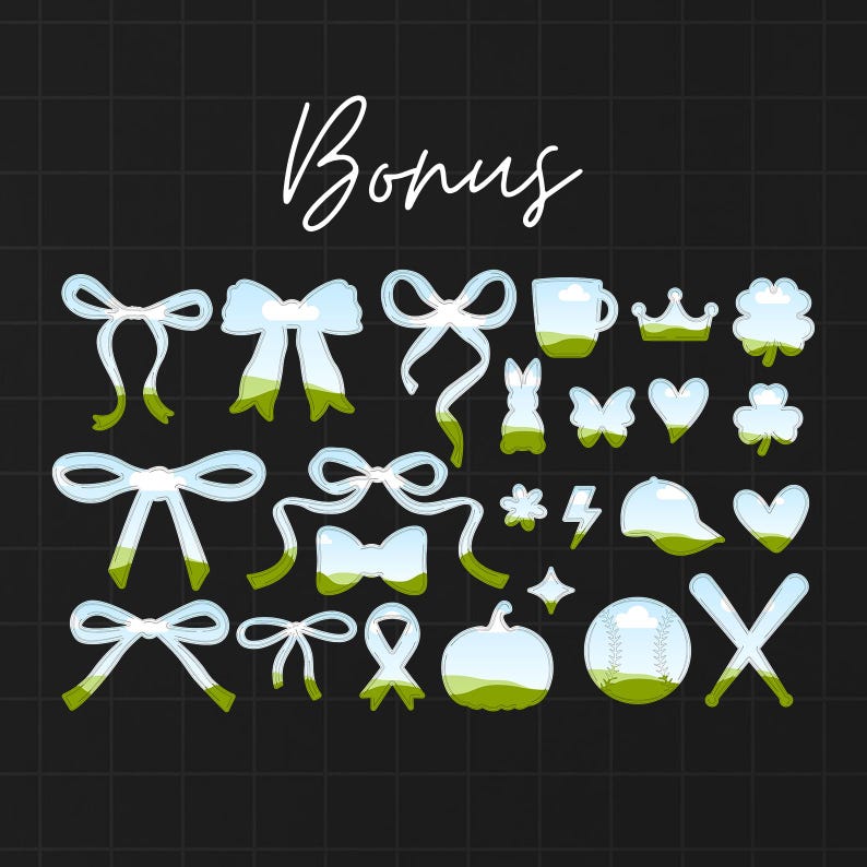 May include: A collection of light blue and green graphic elements, including bows, a mug, a crown, clovers, a rabbit, butterflies, hearts, a baseball, a baseball bat, a pumpkin, and stars. The word "Bonus" is written in cursive.