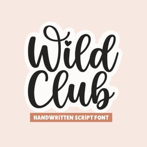 May include: A graphic design featuring the black text Wild Club in a stylized handwritten script font with a small heart icon above the letter i. Below the text is a rectangular terracotta-colored bar with the white text HANDWRITTEN SCRIPT FONT.
