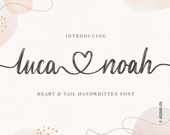 May include: Introducing Luca & Noah heart and tail handwritten font. The font is shown in a cursive style with a heart symbol between the two names.