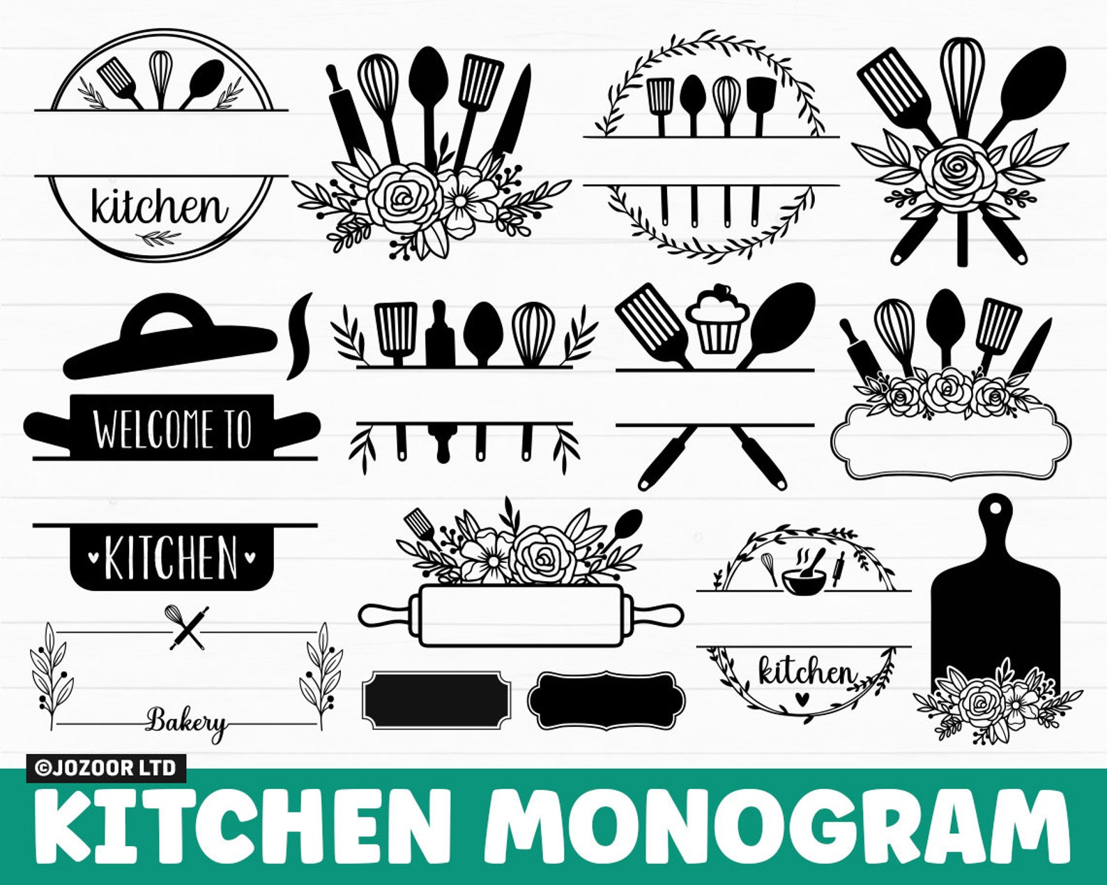 Kitchen Monogram SVG Bundle, Monogram SVG, Split Monogram Svg, Baking ...