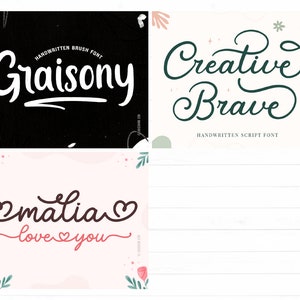 May include: Three different handwritten font styles are shown in this image. The first font is called "Graisony" and is a white brush font on a black background. The second font is called "Creative Brave" and is a dark green script font on a white background with floral accents. The third font is called "matia" and is a black script font on a pink background with floral accents. The text "love you" is written in a smaller pink script font below the word "matia".