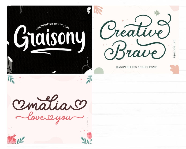 May include: Three different handwritten font styles are shown in this image. The first font is called "Graisony" and is a white brush font on a black background. The second font is called "Creative Brave" and is a dark green script font on a white background with floral accents. The third font is called "matia" and is a black script font on a pink background with floral accents. The text "love you" is written in a smaller pink script font below the word "matia".
