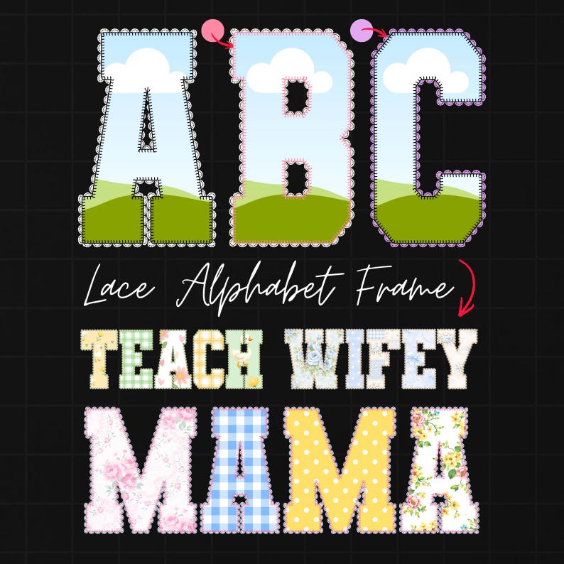 May include: A digital design featuring the letters "ABC" with a sky and landscape background, and the words "Lace Alphabet Frame", "TEACH WIFEY", and "MAMA". The letters are decorated with various patterns.