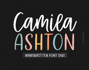 May include: A handwritten font duo with the text "Camila Ashton" in a white, blue, pink, and yellow color scheme. The text "Handwritten Font Duo" is also included in the image.