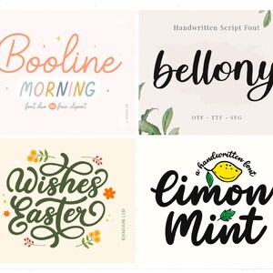 May include: Four different handwritten font designs. The first design is a pink and orange font that says "Booline Morning" with a small font duo logo. The second design is a black font that says "bellony" with the text "Handwritten Script Font" above it. The third design is a green font that says "Wishes Easter" with a floral design around it. The fourth design is a black font that says "limon Mint" with a small lemon and leaf design above it.