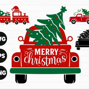 Paquete de SVG de árbol de Navidad y camión, SVG de camión de Navidad, SVG de Feliz Navidad, SVG de camión de Navidad rojo, SVG de Navidad, SVG de árbol de Navidad Cricut
