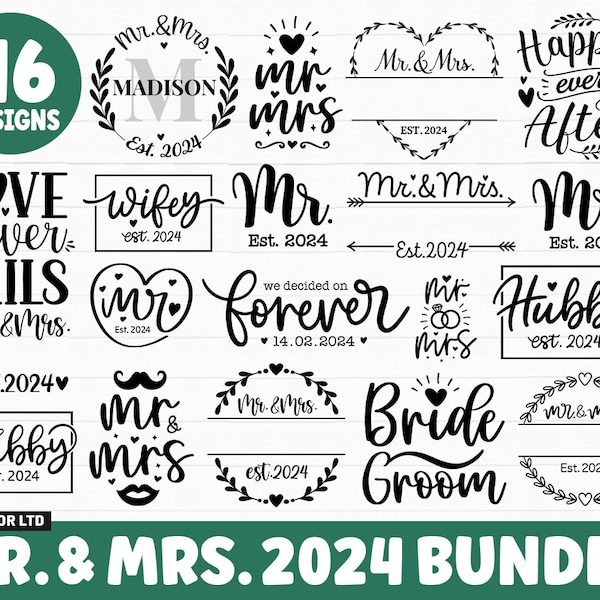 Mr and Mrs 2024 SVG Bundle, Mr and Mrs Split Monogram SVG, Hubby Wifey 2024 SVG, Marriage svg, wedding svg Bundle,Bride Groom svg png Cricut