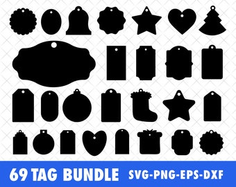 May include: A set of 69 black and white tag shapes, including circles, stars, hearts, bells, and more. The tags are perfect for adding a personal touch to gifts, crafts, and other projects.  69 TAG BUNDLE SVG-PNG-EPS-DXF