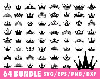 Puede incluir: Un conjunto de 64 archivos de corte SVG de coronas en blanco y negro. Las coronas son de varios estilos, incluyendo tradicionales, modernos y caprichosos.