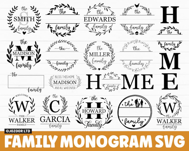 May include: A set of 12 black and white SVG files for creating family monogram designs. The designs feature various last names, such as Smith, Edwards, Madison, Miller, Walker, Garcia, and Howard, along with the word "family" and a decorative wreath or floral element. The designs also include the letters H, M, E, and W, which can be used to create the word "HOME".