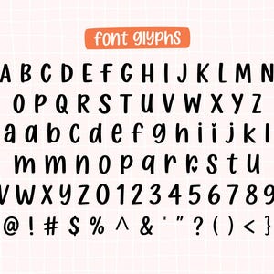 May include: A digital illustration of a font set, including uppercase and lowercase letters, numbers, and symbols. The text "font glyphs" is in an orange rectangle at the top. The letters and numbers are black and in a rounded sans-serif style.