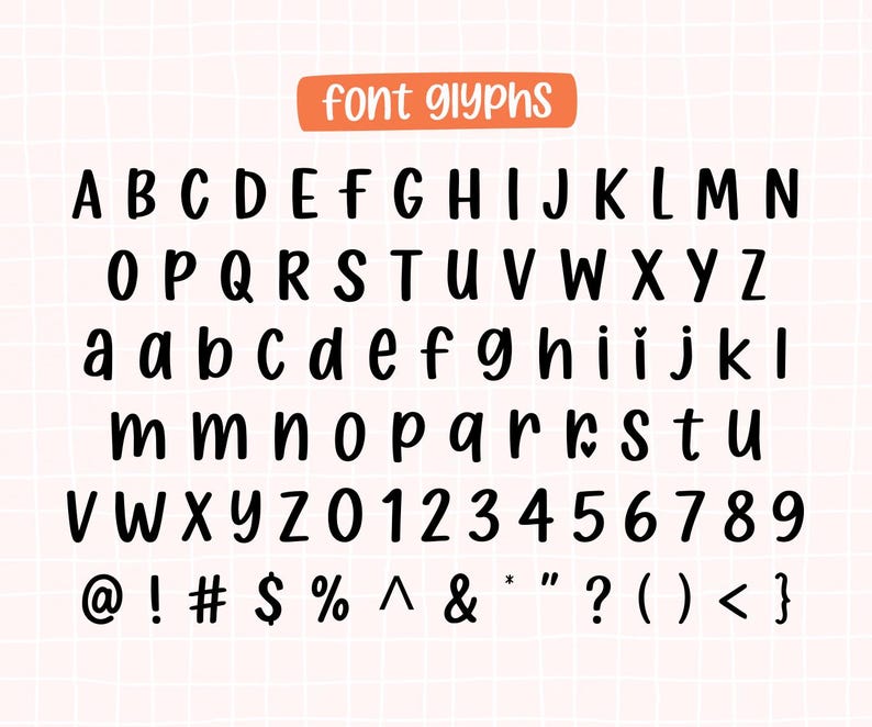 May include: A digital illustration of a font set, including uppercase and lowercase letters, numbers, and symbols. The text "font glyphs" is in an orange rectangle at the top. The letters and numbers are black and in a rounded sans-serif style.