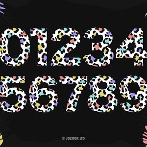 Puede incluir: Un conjunto de n&uacute;meros coloridos con un dise&ntilde;o de estampado de leopardo. Los n&uacute;meros son del 0 al 9 y est&aacute;n dispuestos en dos filas. El fondo es negro.